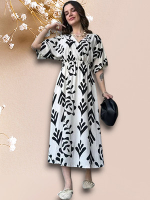 Shreejagdamba Women Gown Black, White Knee Length Dress
