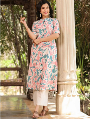 PIROH Women Floral Print Straight Kurta(Pink, Blue)