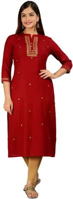 MF HAYAT Women Embroidered Straight Kurta(Maroon)