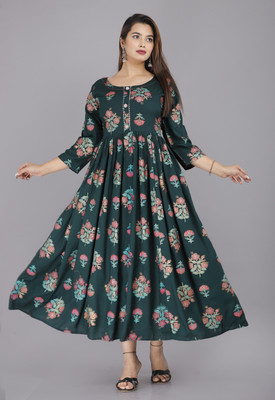 LH HANDICRAFTS Women Printed Flared Kurta(Green)