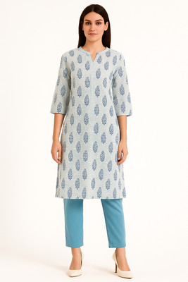 Cloth Stories Women Printed, Block Print Straight Kurta(Light Blue)