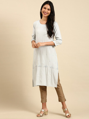 SHOWOFFFF Women Printed Straight Kurta(Grey)