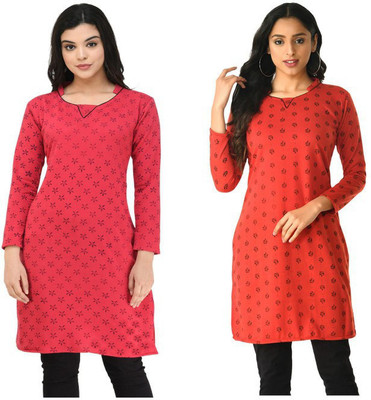 Indeweaves Women Printed Straight Kurta(Red, Pink)