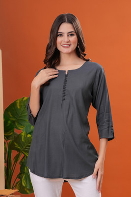JC4U Women Solid Straight Kurta(Grey)