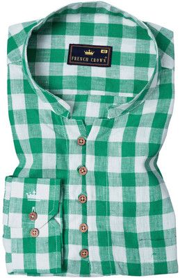 french crown Men Checkered Straight Kurta(Green, White)