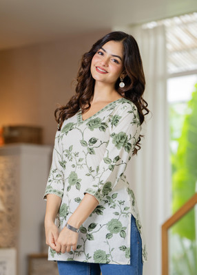 Lakasadapapel Women Floral Print Straight Kurta(Light Green, White)