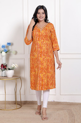 MIRAVAN Women Printed Straight Kurta(Orange)