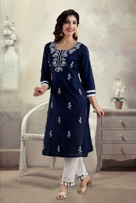vikshi Women Chikan Embroidery Straight Kurta(Blue)