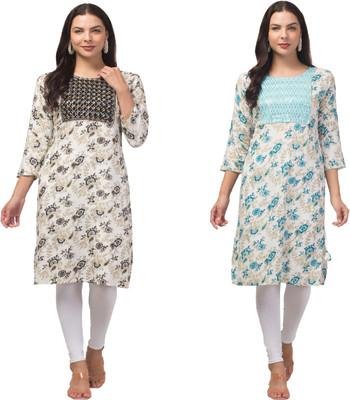 Malana Merino Women Floral Print, Embellished, Solid A-line Kurta(White)