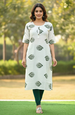 Maa Kabita Garment Stores Women Printed, Geometric Print Straight Kurta(White)