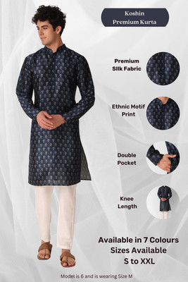 Koshin Men Printed Straight Kurta(Dark Blue)