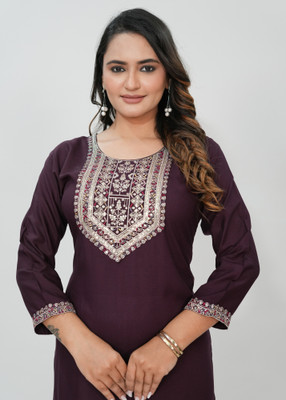 Elvya Women Embroidered, Embellished Straight Kurta(Purple)