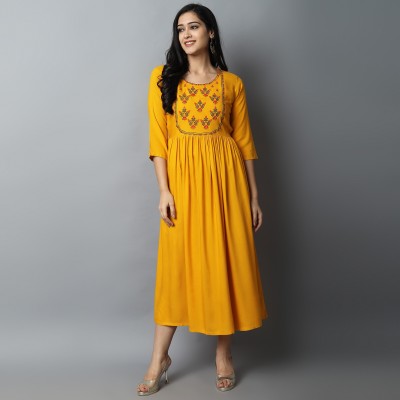 Kriska Women Embroidered A-line Kurta(Yellow)