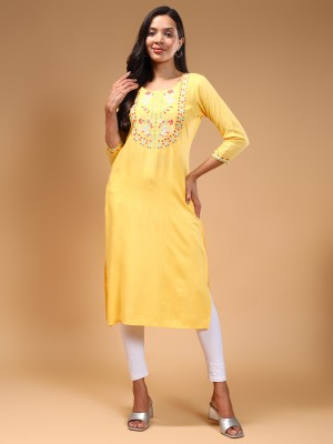 FIVE MILES Women Chikan Embroidery Straight Kurta(Yellow)