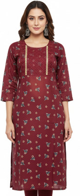 SARANS Women Printed, Embroidered, Embellished Straight Kurta(Maroon)