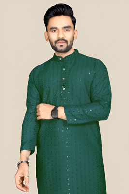 Keton Men Embroidered Straight Kurta(Green)