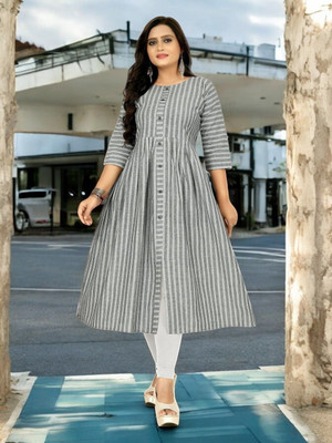 Ladylaz Women Striped Straight Kurta(Grey)