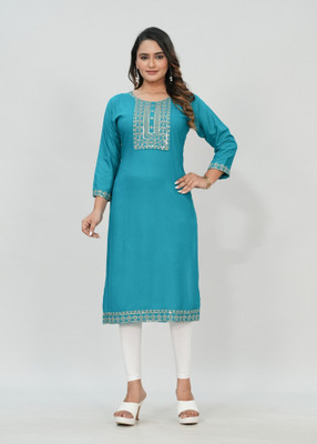 Elvya Women Embroidered Straight Kurta(Blue)