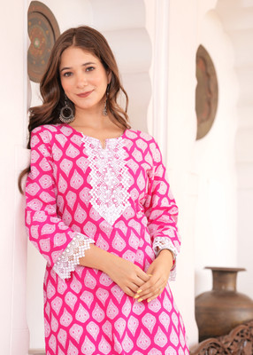 PHYSIL Women Printed Straight Kurta(Pink)