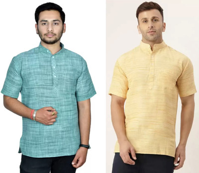 isdfabric Men Self Design Straight Kurta(Black, Yellow)