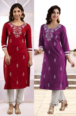 vikshi Women Chikan Embroidery Straight Kurta(Multicolor)