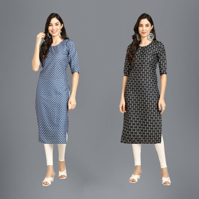 EthnicBasket Women Printed Straight Kurta(Black, White, Dark Blue)