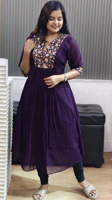 STITCHPEAR Women Embroidered A-line Kurta(Purple)