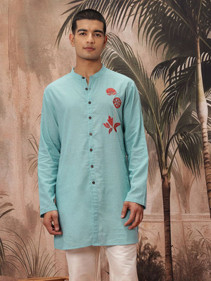 Sangria Men Floral Print A-line Kurta(Blue)