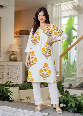 Deepyog Women Printed Straight Kurta(Yellow, White)