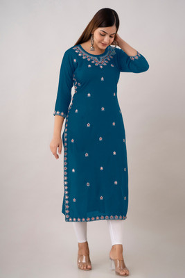 Udati Kaliya Women Embroidered Straight Kurta(Blue)