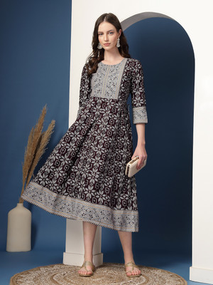 AHMI Women Printed A-line Kurta(Brown)