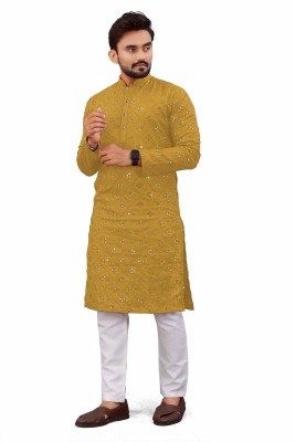 Lakhani Fashion Men Chikan Embroidery, Embellished Straight Kurta(Yellow)