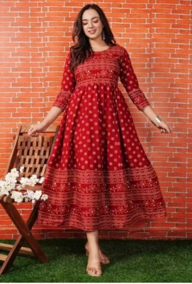 Vorcia Febtex Women Block Print Anarkali Kurta(Maroon)