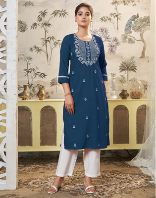 Skylee Women Chikan Embroidery, Embellished, Dyed/Ombre Straight Kurta(Dark Blue)