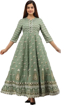 BUTKI FASHION Women Printed Anarkali Kurta(White, Beige, Dark Green)