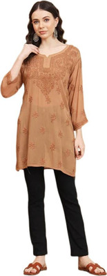 LUISSA Women Embroidered Straight Kurta(Brown)