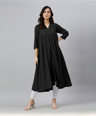 Janasya Women Woven Design Frontslit Kurta(Black)