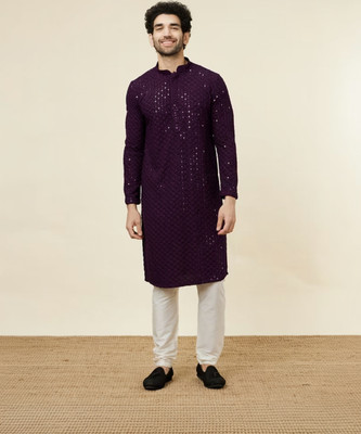 StyleVault Men Chikan Embroidery A-line Kurta(Purple)