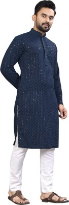 KR24ENTERPRISE Men Chikan Embroidery Straight Kurta(Dark Blue)