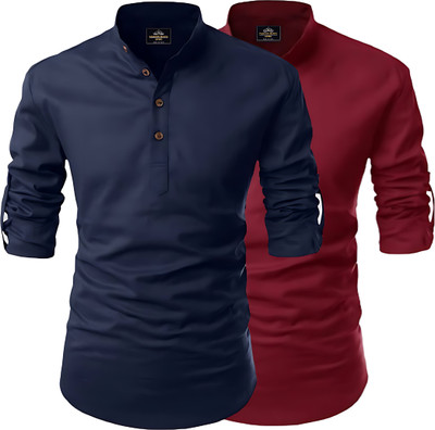 Fashion Marts Men Solid, Self Design Straight Kurta(Light Blue, Maroon)