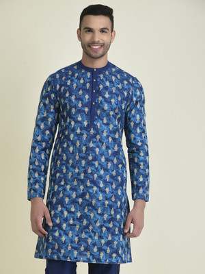 DEYANN Men Printed Straight Kurta(Blue, White)