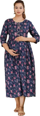 Zarvisha Women Floral Print, Printed Gown Kurta(Dark Blue)