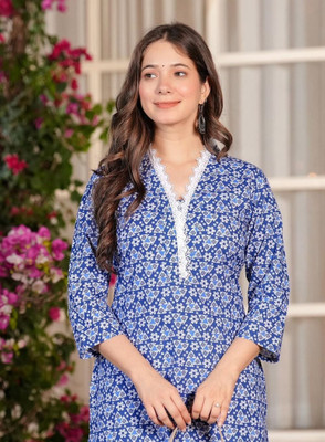 Daevish Women Floral Print Straight Kurta(Blue)