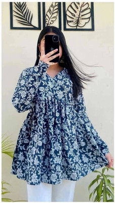 SARVDHA Women Printed Flared Kurta(Blue, White)