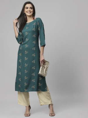 Krya Women Floral Print Straight Kurta(Dark Green)