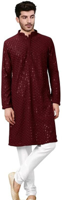 StyleVault Men Chikan Embroidery A-line Kurta(Maroon)