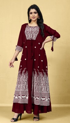 SANCIA Women Embroidered Gown Kurta(Maroon)