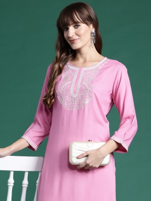 Indo Era Women Embroidered Straight Kurta(Pink)