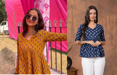 ARZOO Women Floral Print Flared Kurta(Orange, Blue)