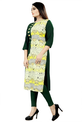 HouseOfCommon Women Printed Straight Kurta(Green, Yellow)